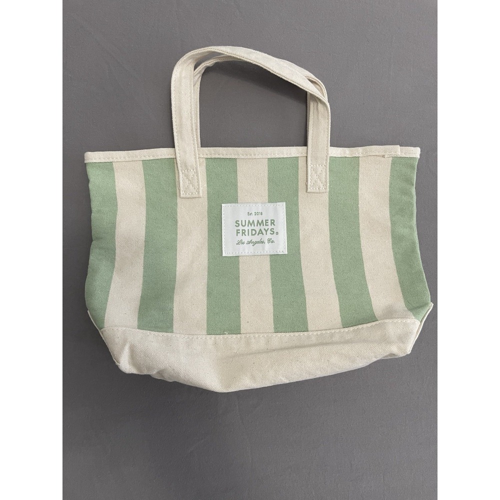 Summer Fridays Canvas Tote Bag Green Cream Striped Los Angeles Cotton Small Bag